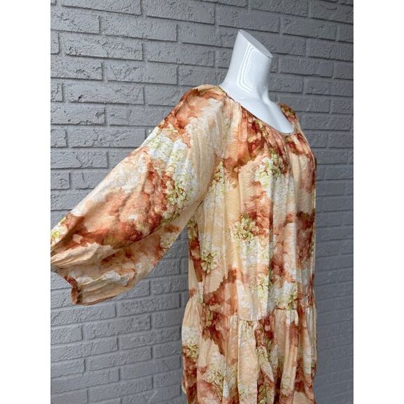 H&M Women peach Green Hydrangea Print Floral Ballon Sleeve Dress Size M - Picture 8 of 14